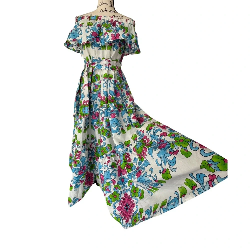 Fame Istanbul Floral Off Shoulder Maxi Dress White Blue Pink Green Tiered M - Picture 2 of 14